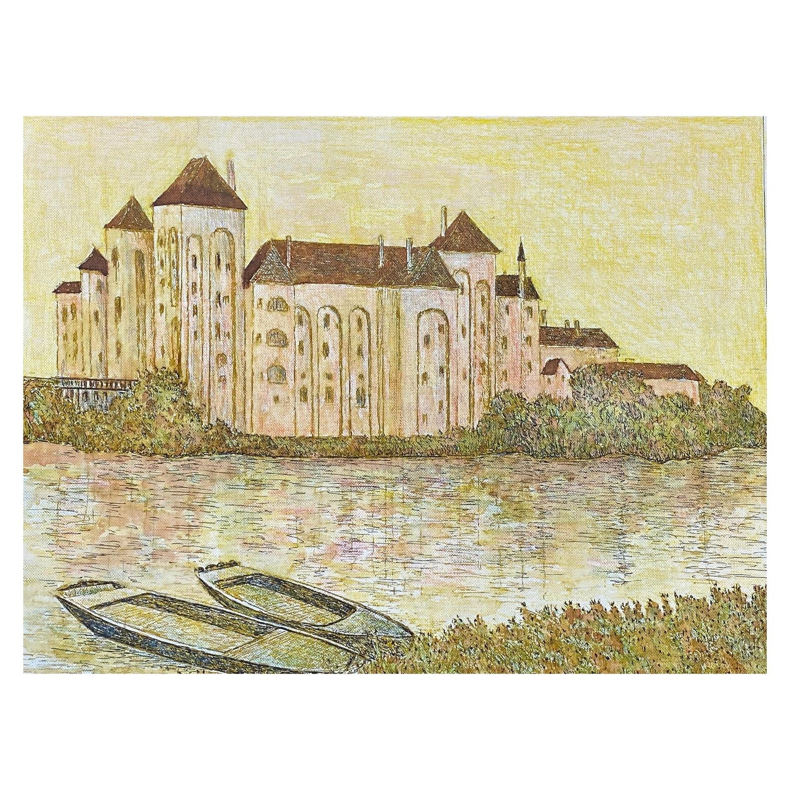 Unknown1950's French Modernist/ Cubist Painting Signed, French River Landscape1950