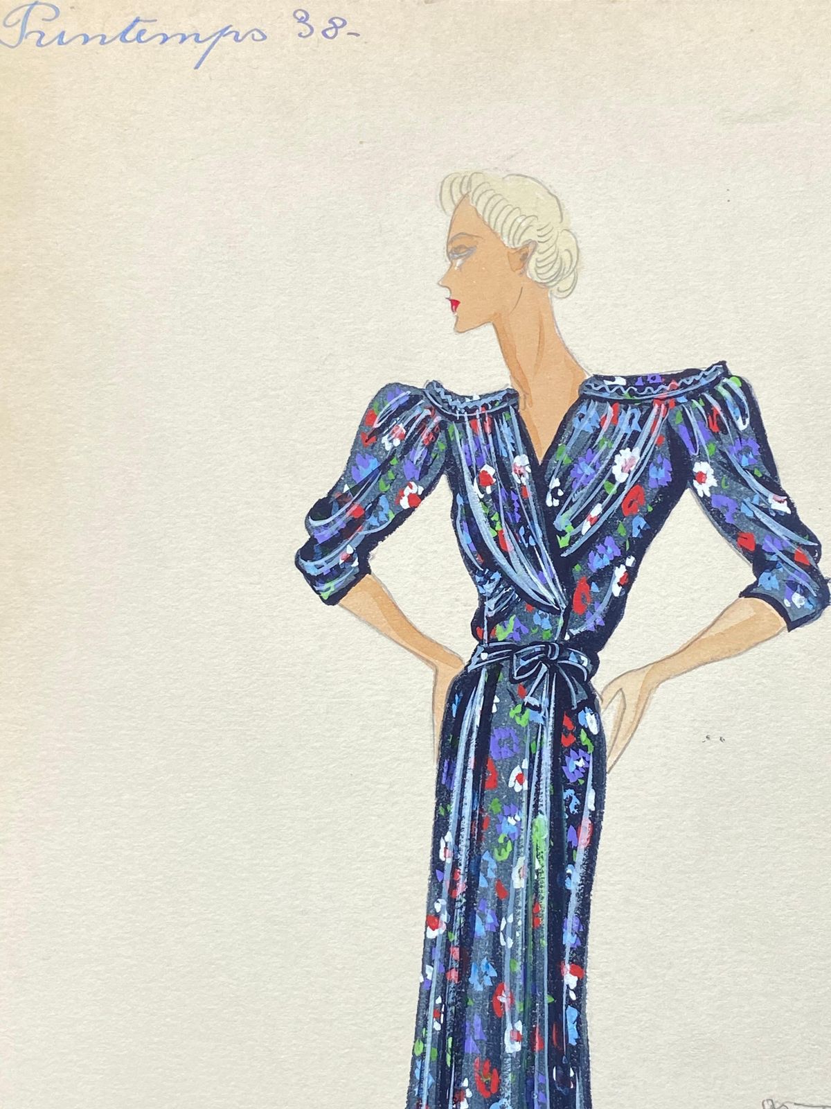 Unknown1930's Original Parisian Fashion Watercolor Blue Floral Summer Dresscirca 1930s photo Art