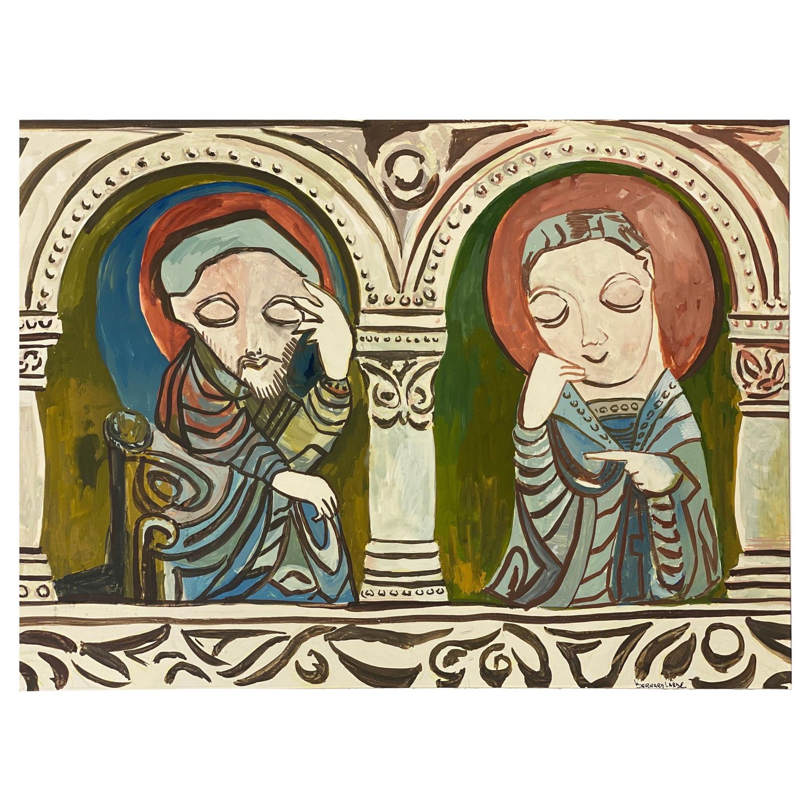 Unknown1950's Signed Modernist Painting, Two Caricature Figures1950s