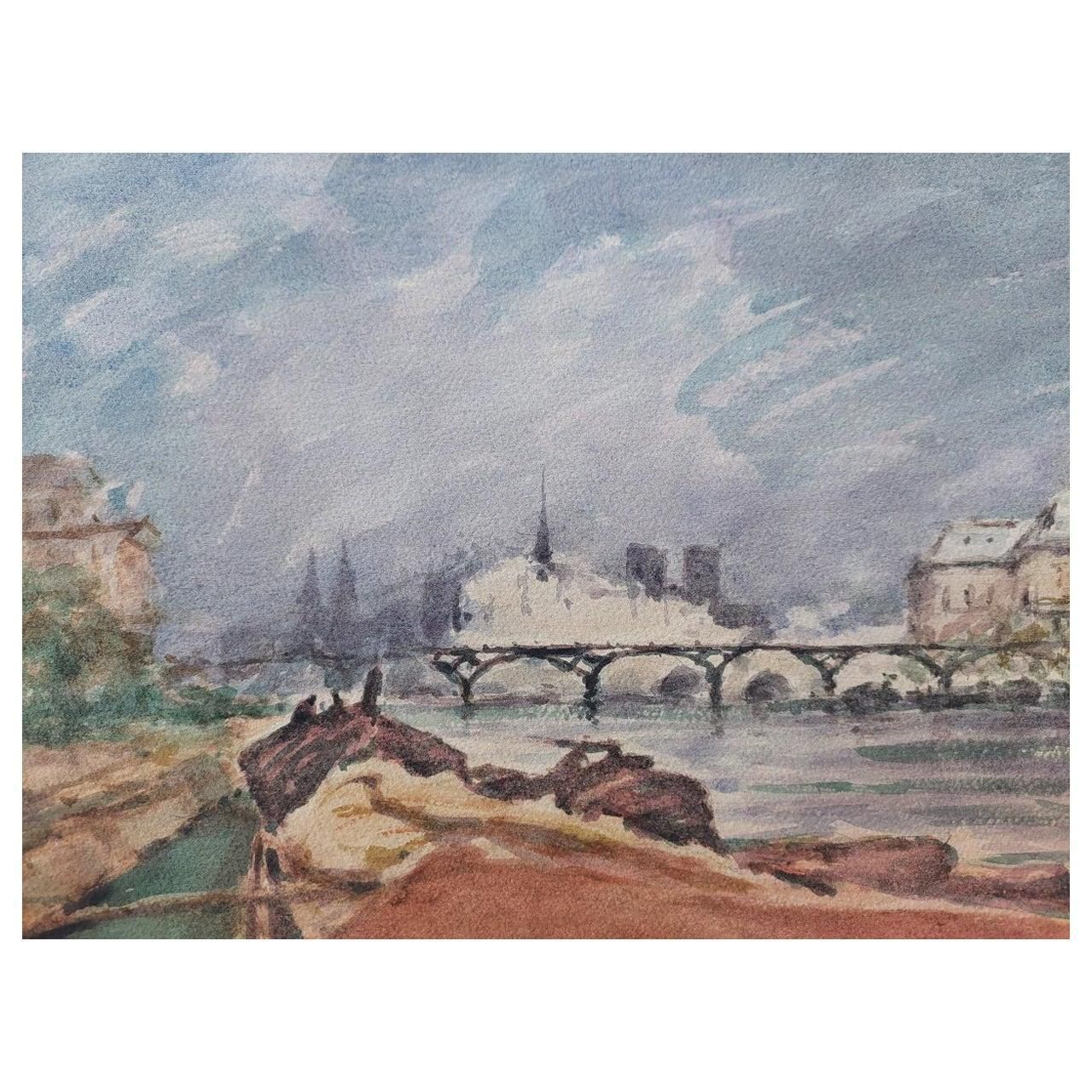 Unknownfrench Modernist Cubist Painting River Seine Paris20th Century