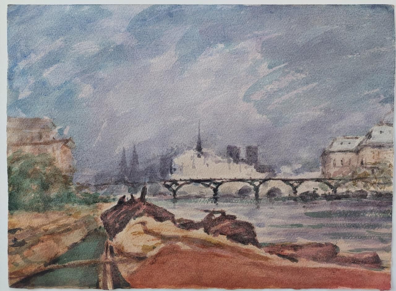 Unknownfrench Modernist Cubist Painting River Seine Paris20th Century photo vintage