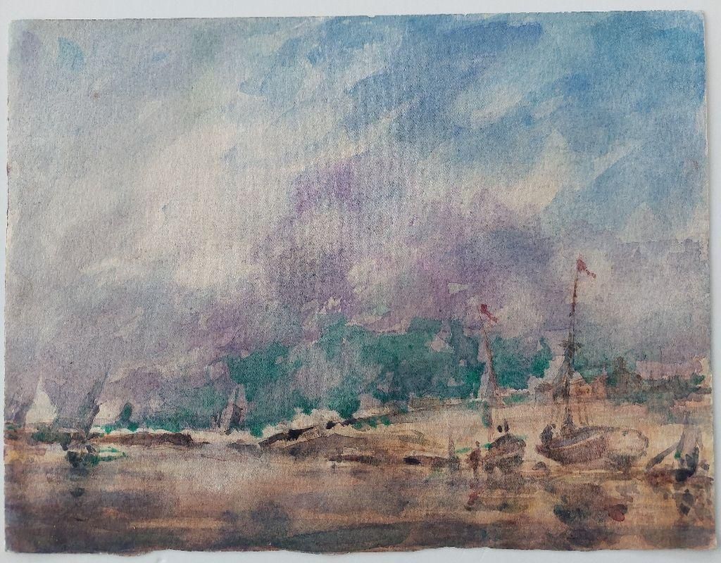 Maurice Mazeiliefrench Modernist Cubist Painting Fishing Boats On The Beach20th Century photo furniture
