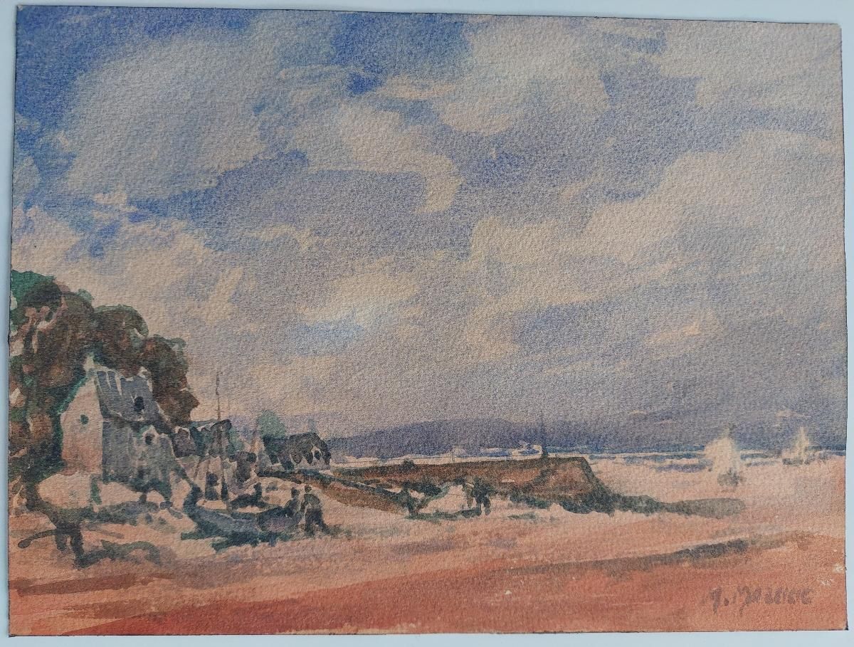 Unknownfrench Modernist Cubist Painting Fishing Boats On The Coast20th Century photo furniture