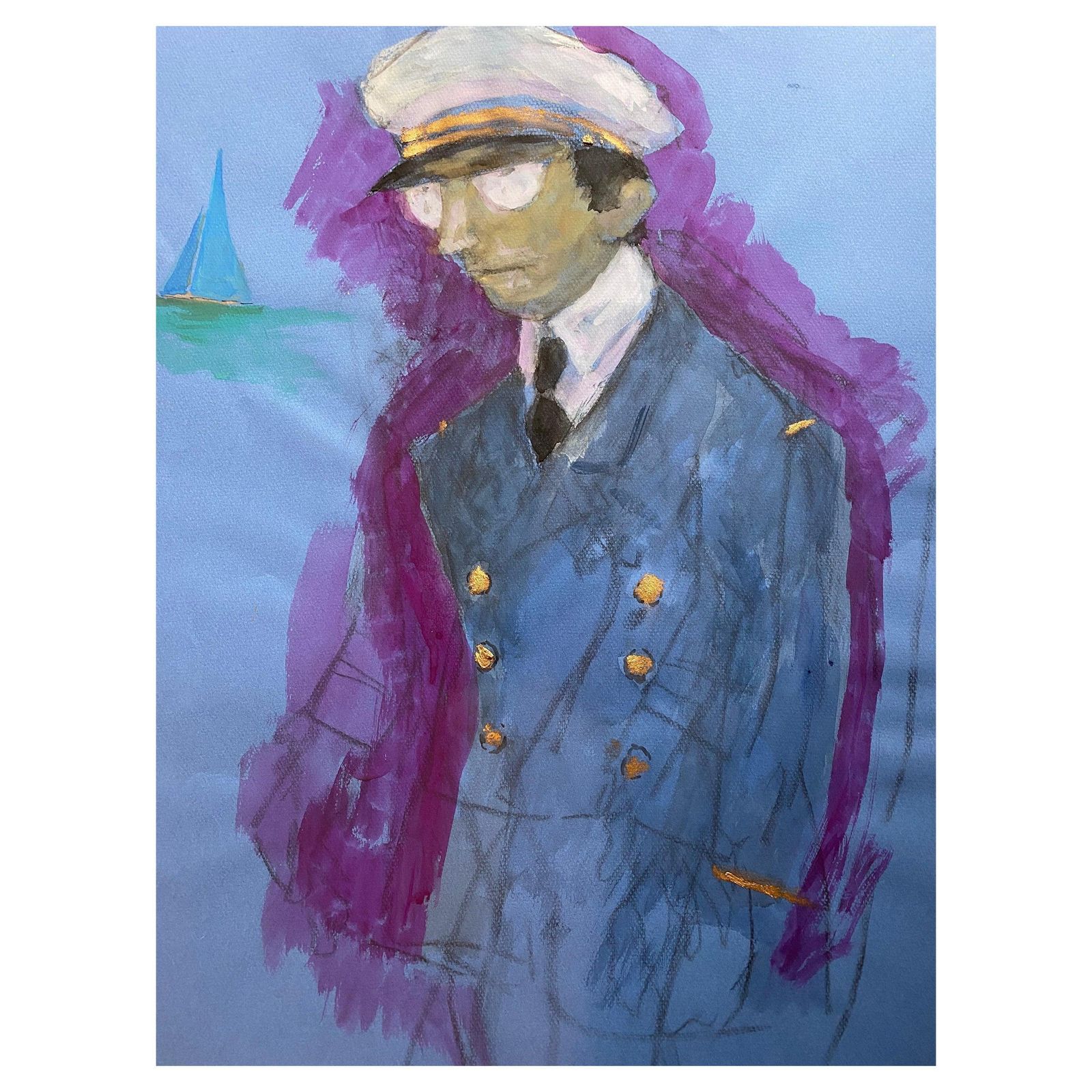 Unknown1960's French Portrait Pilot/ Captain Gentleman In Uniform Caricaturecirca 1960s