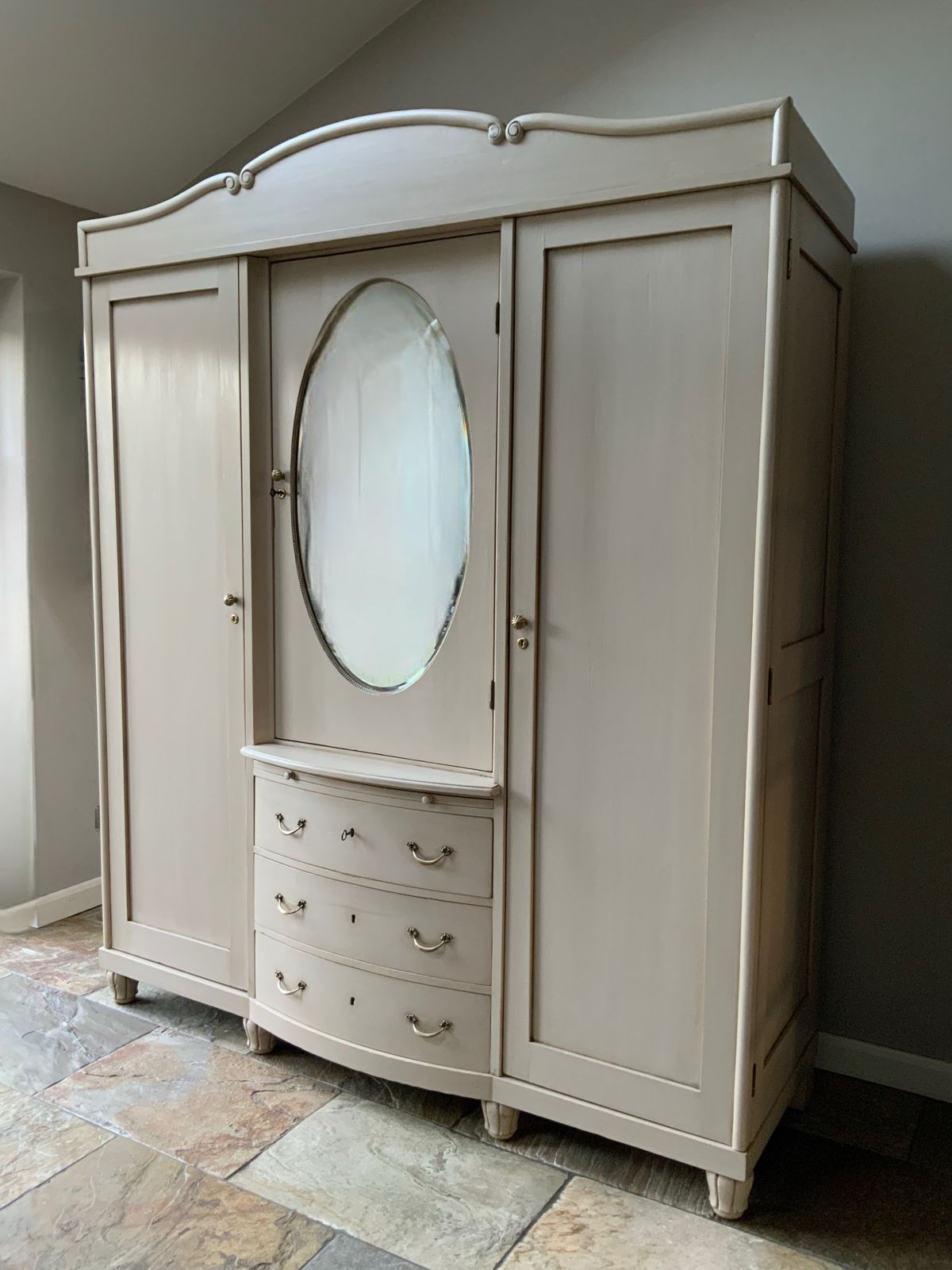 1995.0 Restored Vintage Knockdown Continental Triple Painted Pine Grey Wardrobe photo