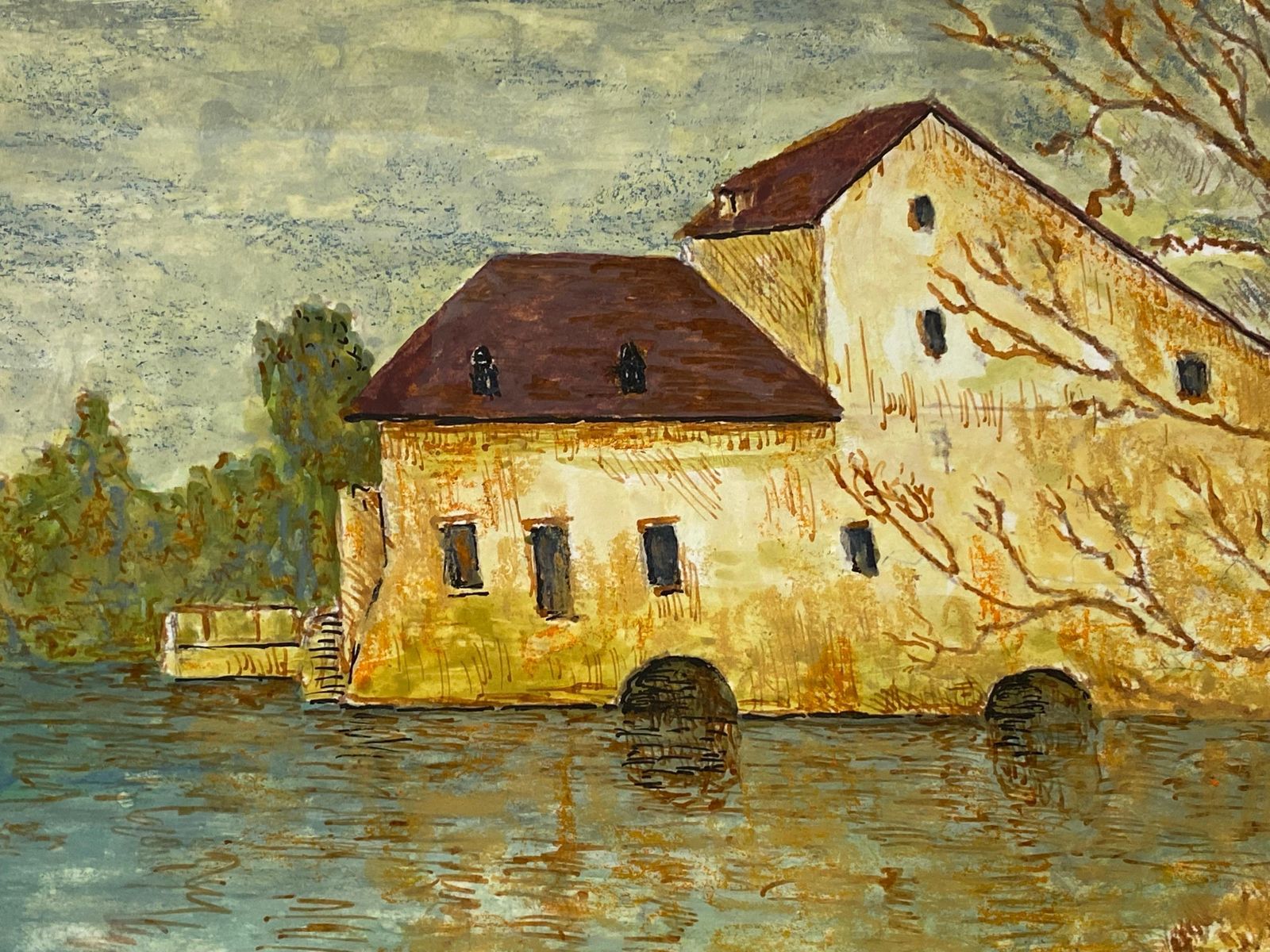 Unknown1950's Modernist Painting, French Building Over Lake1950s photo 505.0