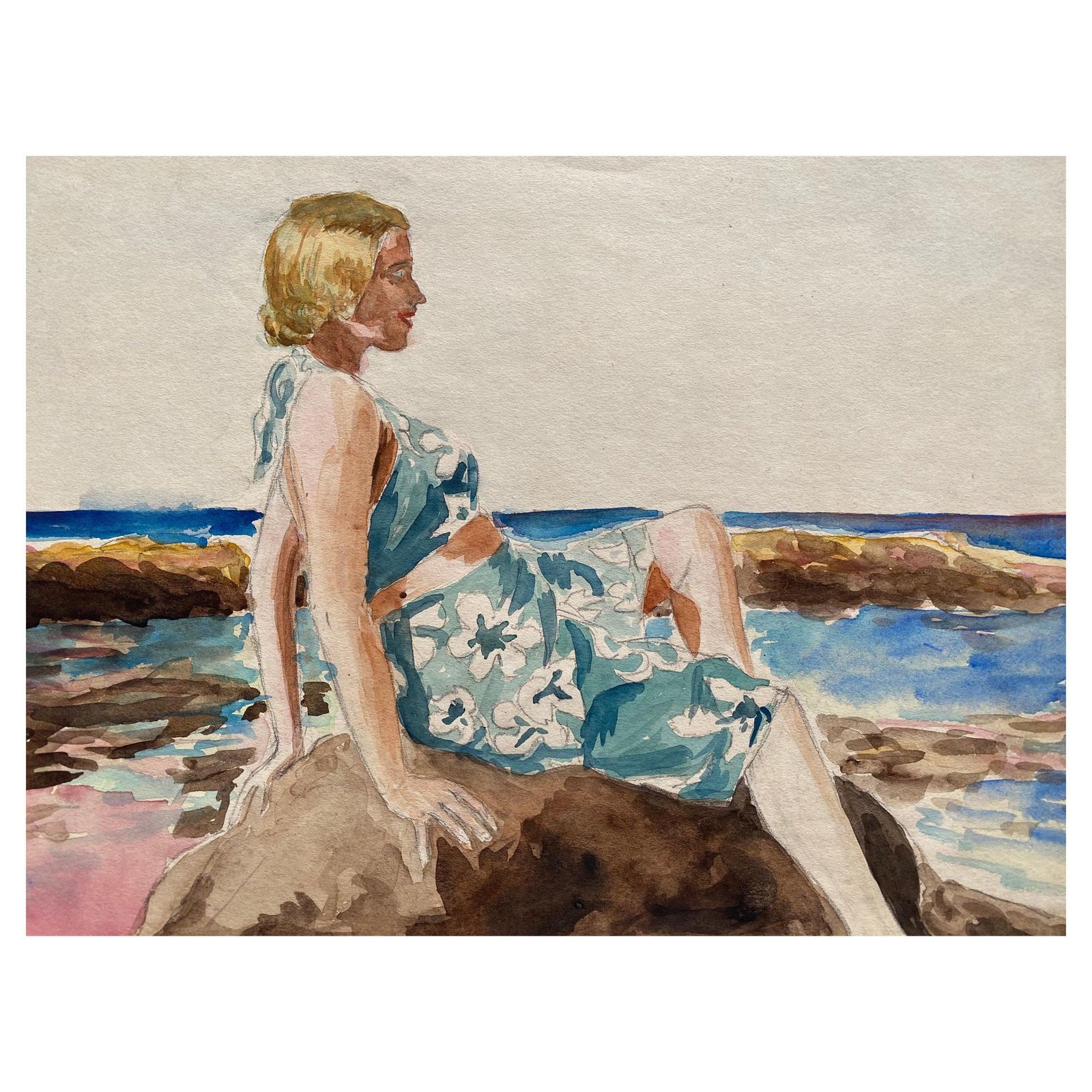 Unknown1930's French Impressionist Painting, Young Girl In Blue Dress Rocky Coast Seacirca 1930s