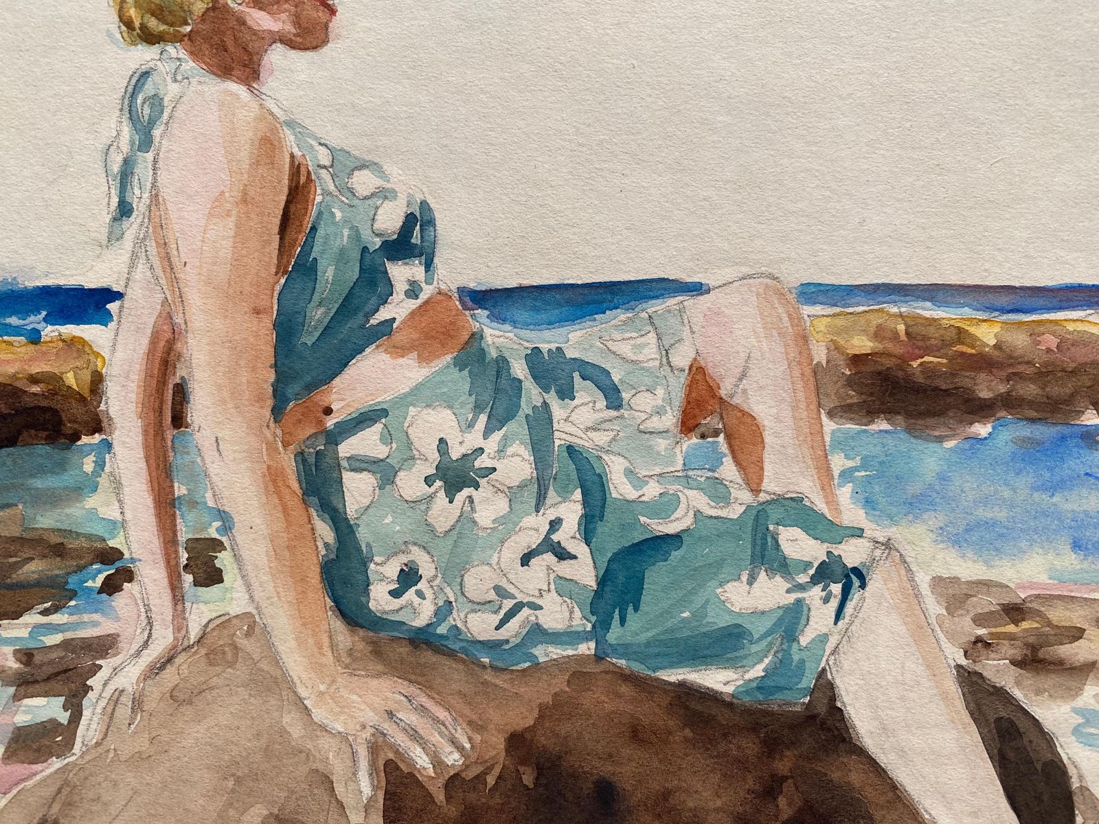 Unknown1930's French Impressionist Painting, Young Girl In Blue Dress Rocky Coast Seacirca 1930s photo Art
