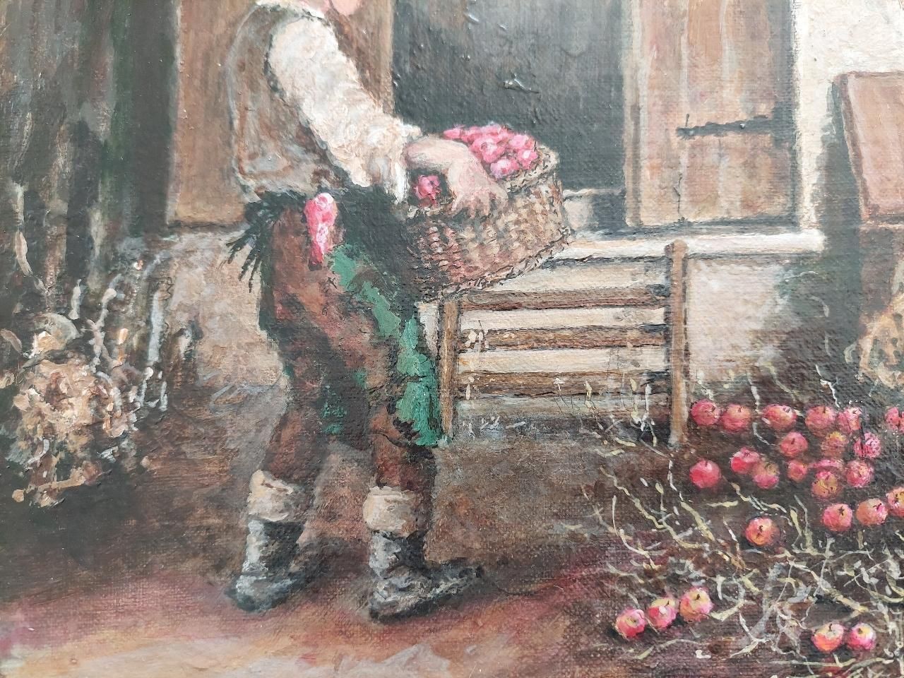 English  Schooltraditional English Painting Farmer Storing Apples In Higham Oast House, Kent20th Century photo vinterior