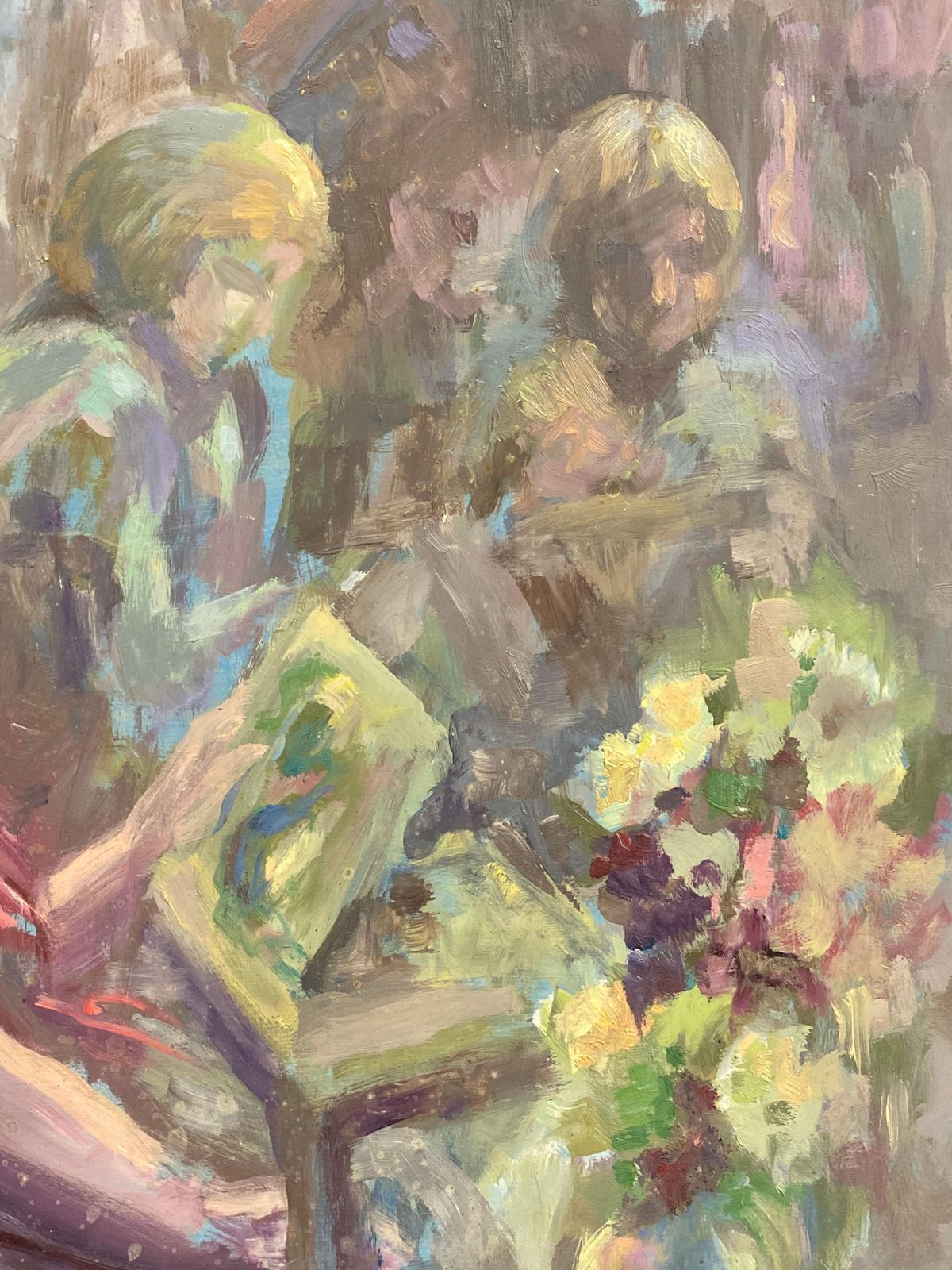 Unknownsigned Large 1960's British Original Oil Painting, Figures Readingcirca 1960s photo for sale