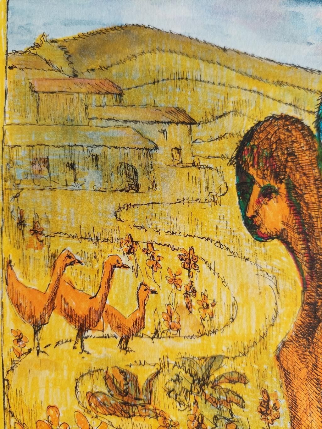 Bernard Labbe20th Century French Modernist Painting, Figures And Geese, Labbe20th Century photo vintage