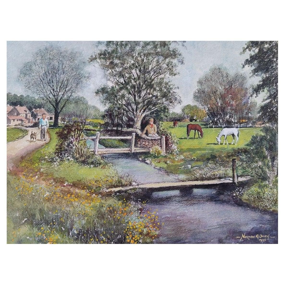 English  Schooltraditional English Painting Of A Village Scene With Figures, Dog And Horses20th Century