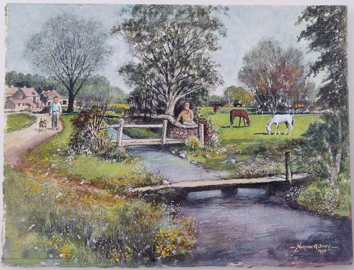 English  Schooltraditional English Painting Of A Village Scene With Figures, Dog And Horses20th Century photo furniture