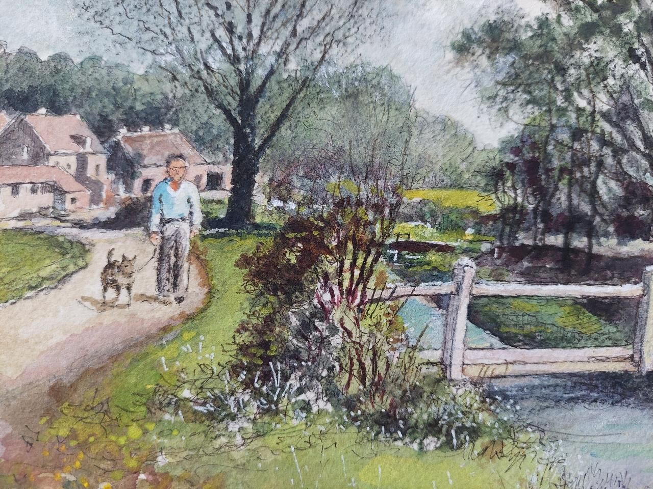 English  Schooltraditional English Painting Of A Village Scene With Figures, Dog And Horses20th Century photo for sale