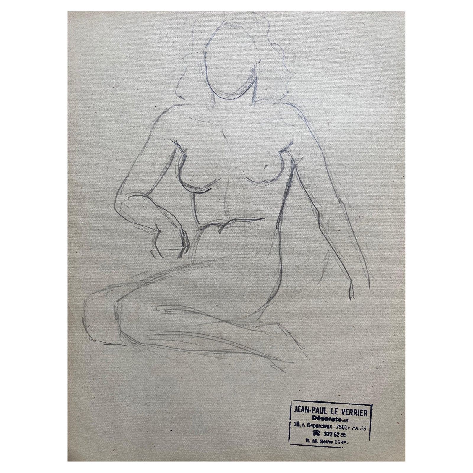 Unknownmid 20th Century French Original Line Drawing Sketch Nude Lady, Stampedmid 20th Century