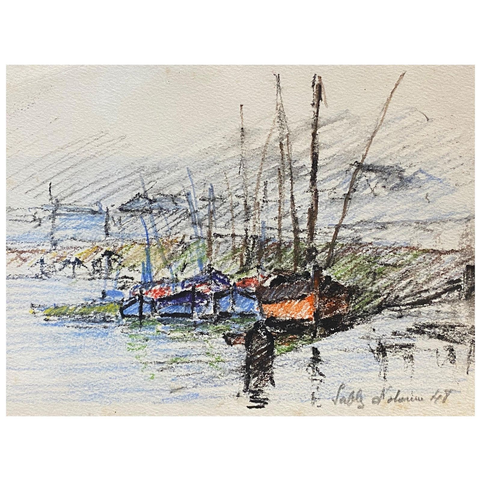 Unknownbreton Harbour Boats, Camille Meriot French Signed Impressionist Crayon Drawingcirca 1940s