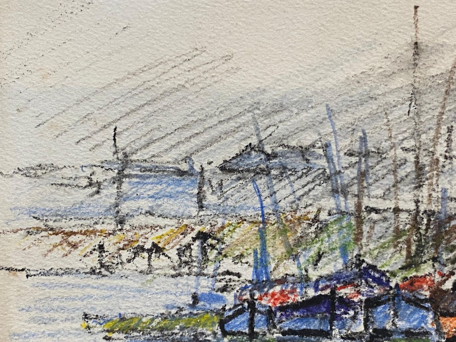 Unknownbreton Harbour Boats, Camille Meriot French Signed Impressionist Crayon Drawingcirca 1940s photo furniture