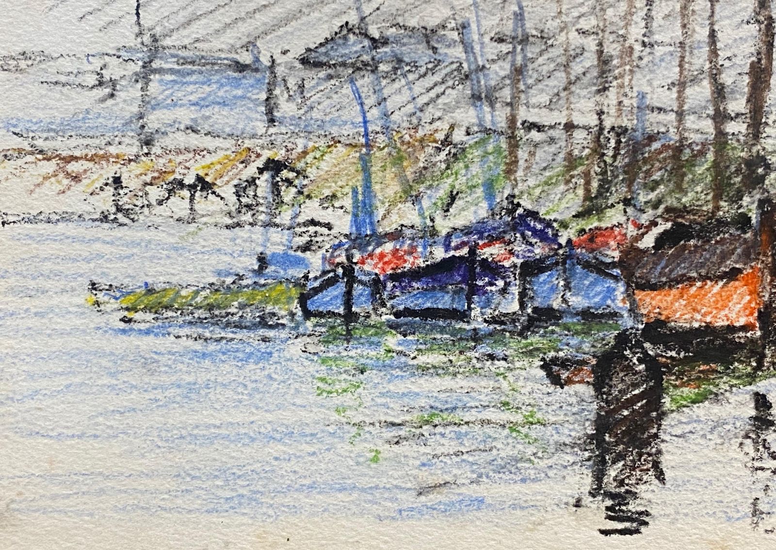 Unknownbreton Harbour Boats, Camille Meriot French Signed Impressionist Crayon Drawingcirca 1940s photo 305.0