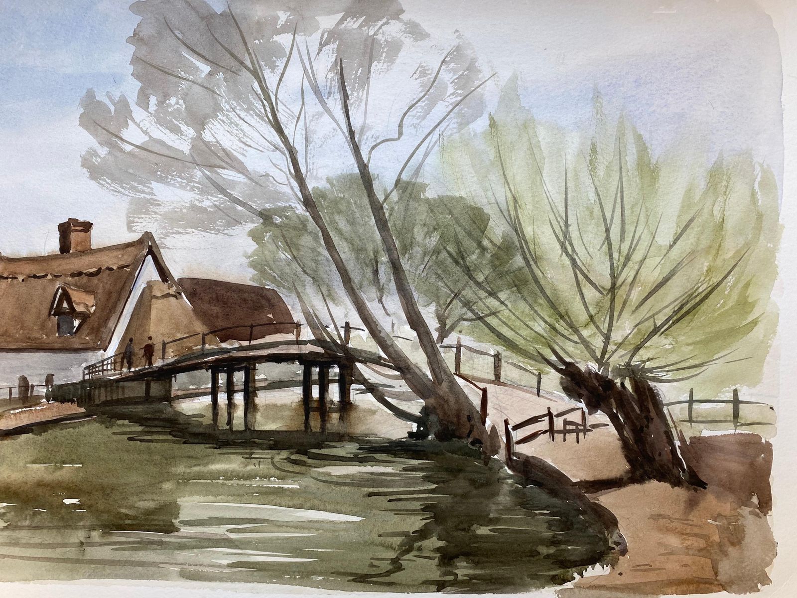 Unknownenglish Town Bridge, Signed Original British Watercolour Paintingcirca 1970s photo furniture