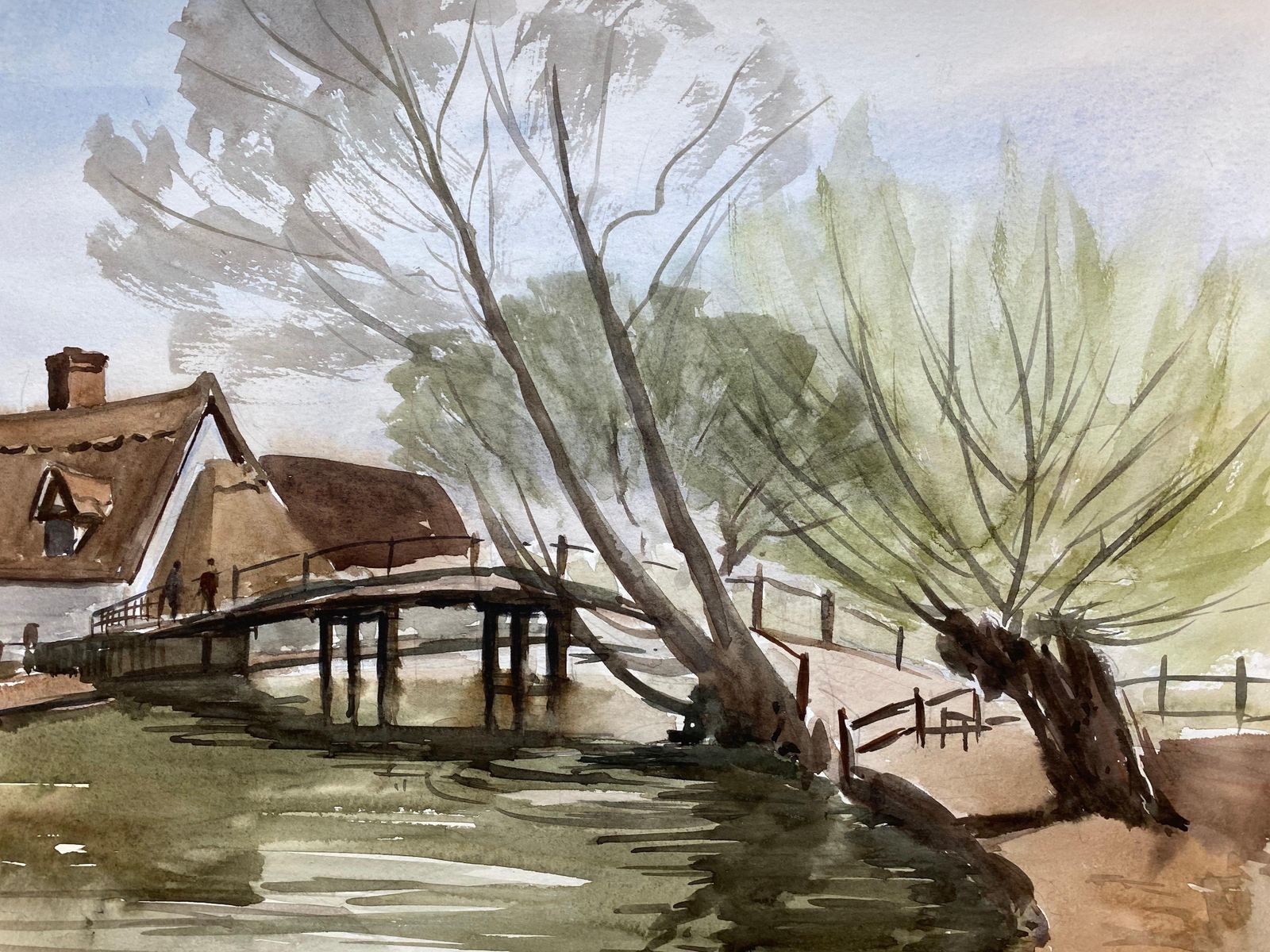 Unknownenglish Town Bridge, Signed Original British Watercolour Paintingcirca 1970s photo for sale