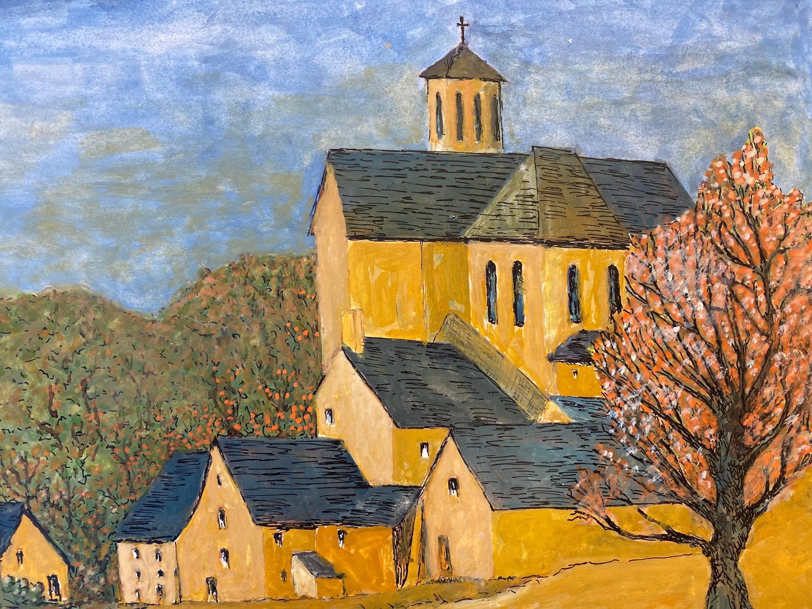 Unknown1950's Modernist Signed Painting, Tranquil View Of French Buildings1950s photo for sale