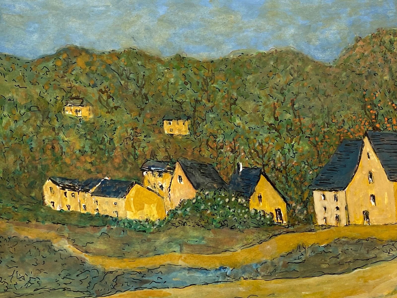 Unknown1950's Modernist Signed Painting, Tranquil View Of French Buildings1950s photo Art