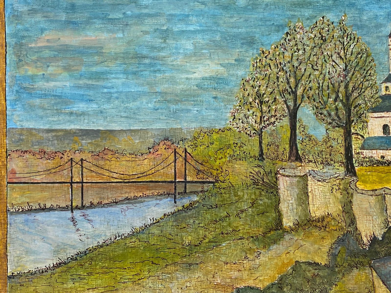 Unknown1950's Modernist Signed Painting, Peaceful French Church Landscape1950s photo Art