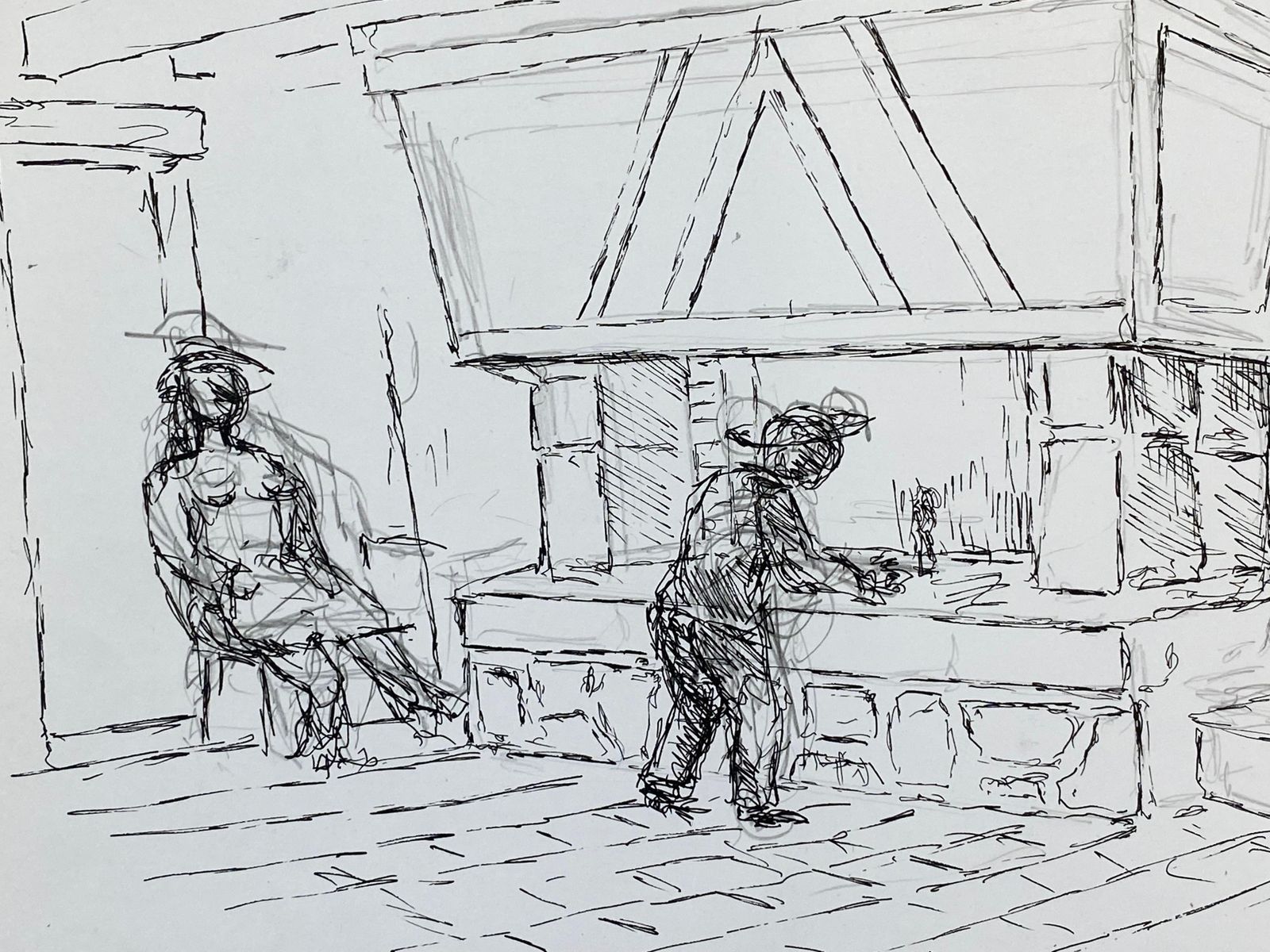 Unknown1950's French Modernist/ Cubist Drawing, Two Figures By The Fire Place1950 photo Art