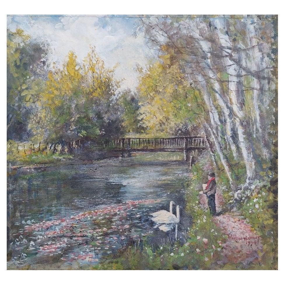 English  Schooltraditional English Painting Swans On River Molember East Molesey Surrey England20th Century