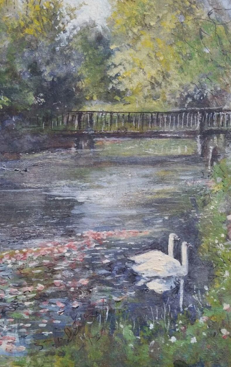 English  Schooltraditional English Painting Swans On River Molember East Molesey Surrey England20th Century photo Art