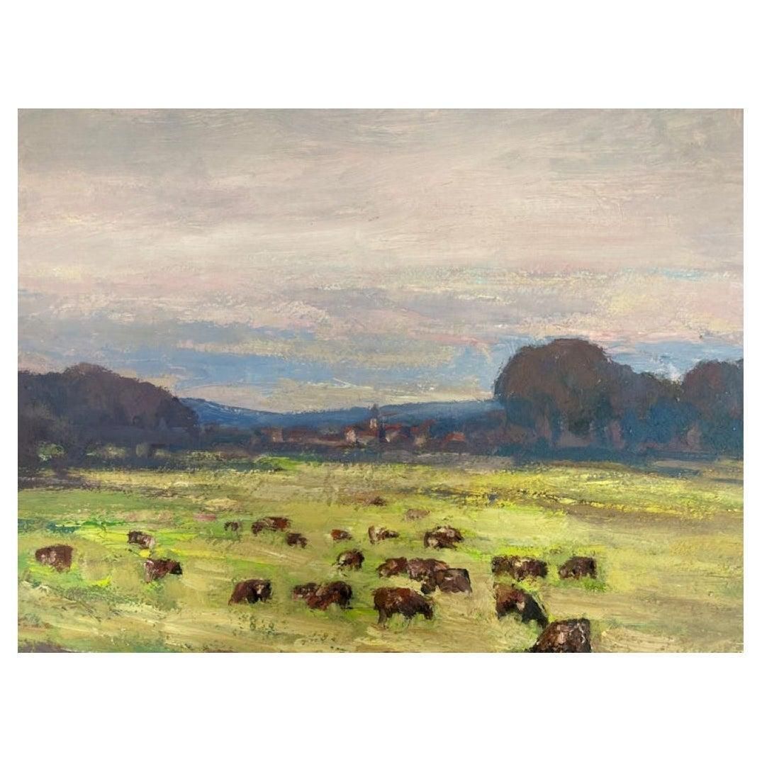 Leon Hatotvintage French Impressionist Oil Cows Munching On Grass In Provence Fields1950