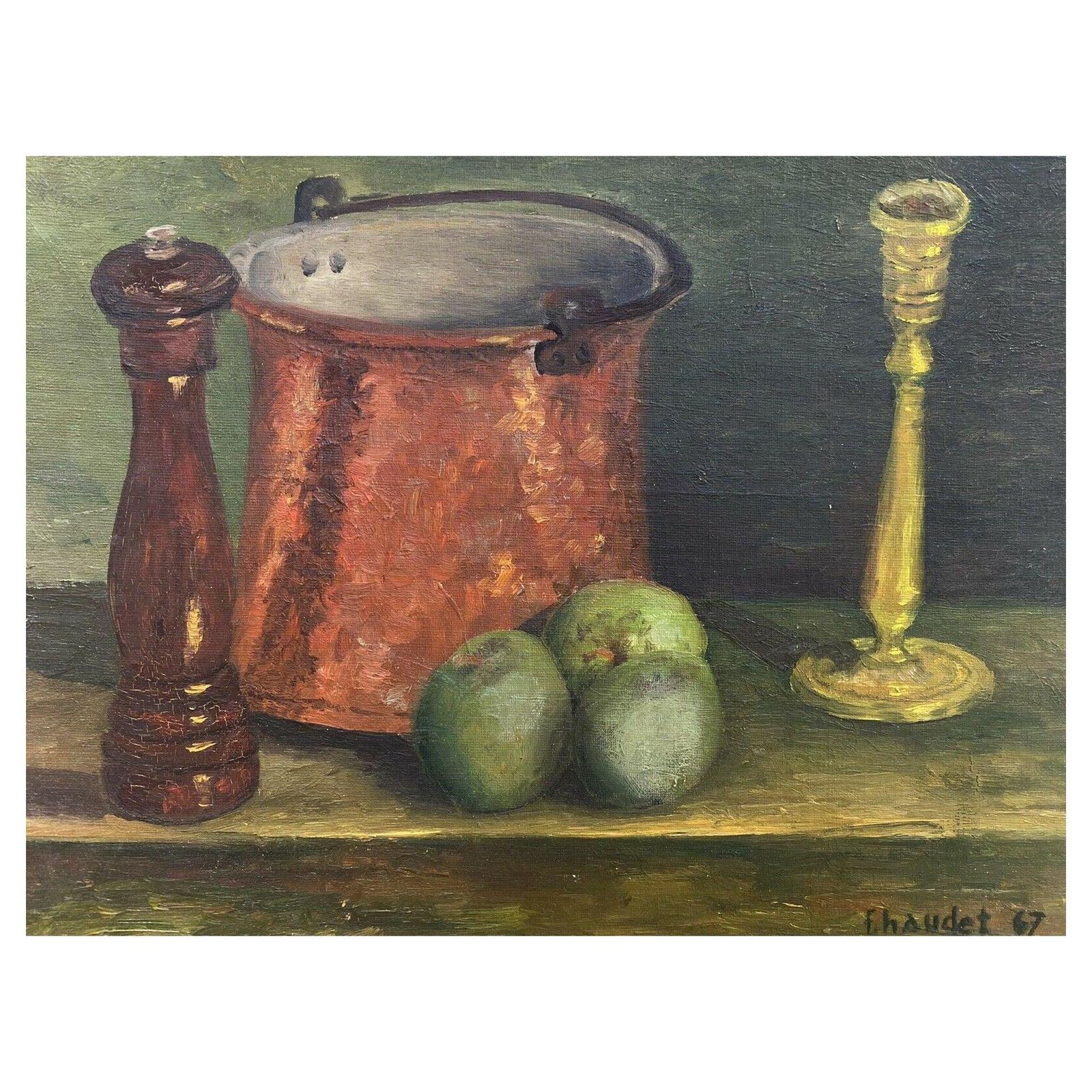 Unknownfernand Audet '1923 2016' French Impressionist Oil, Still Life Apples / Kitchenmid 20th Century
