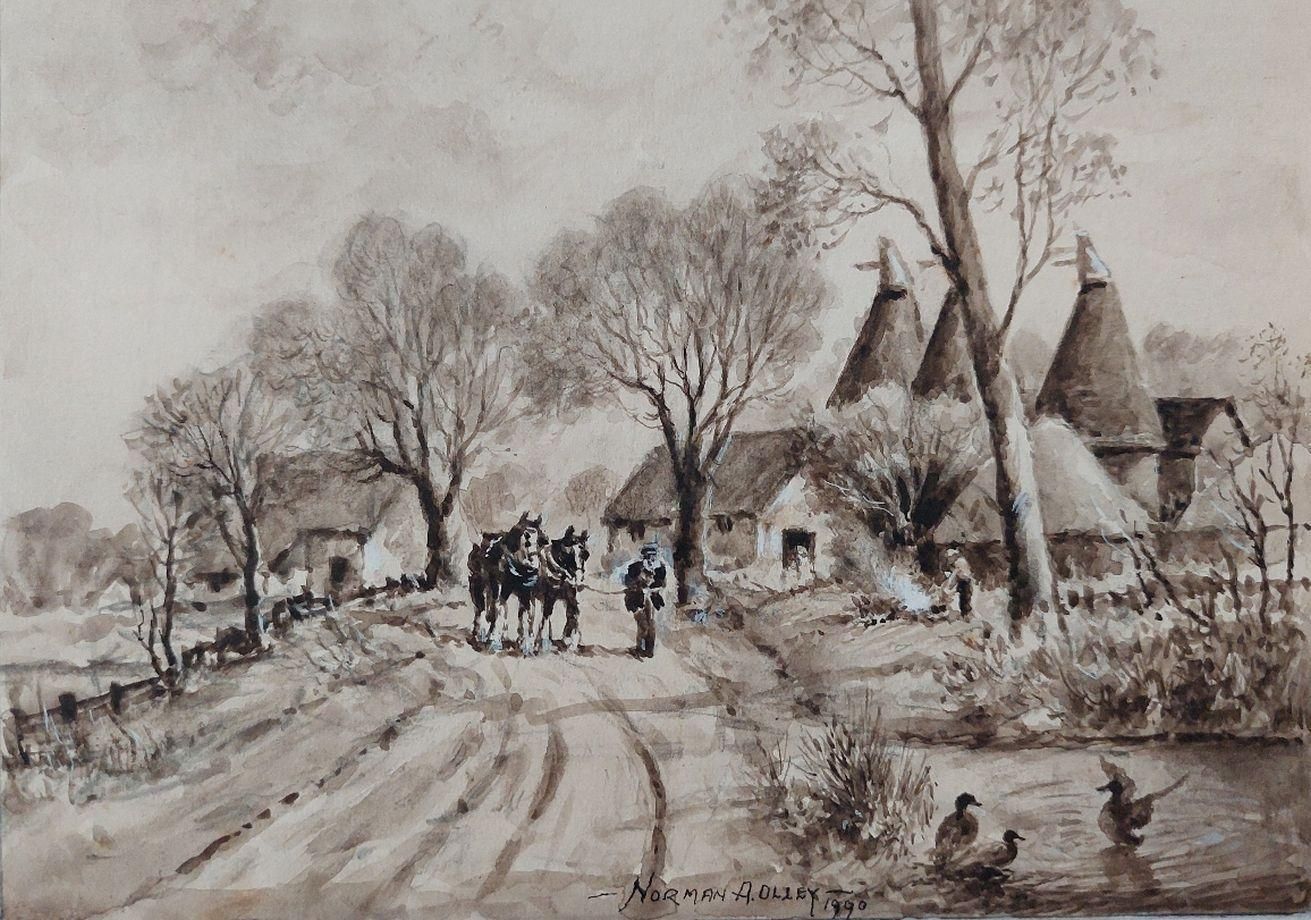 English  Schooltraditional English Painting Working Horses Returning Home In Kent20th Century photo for sale
