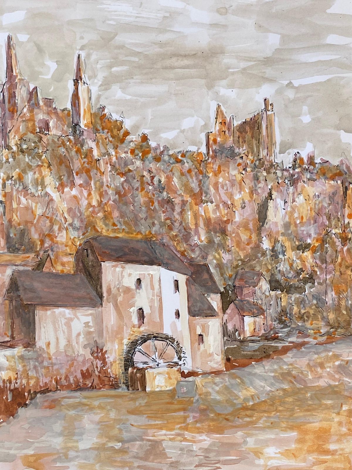 Unknown1950's French Modernist / Cubist Painting Signed, Orange And Pink Landscape1950 photo for sale