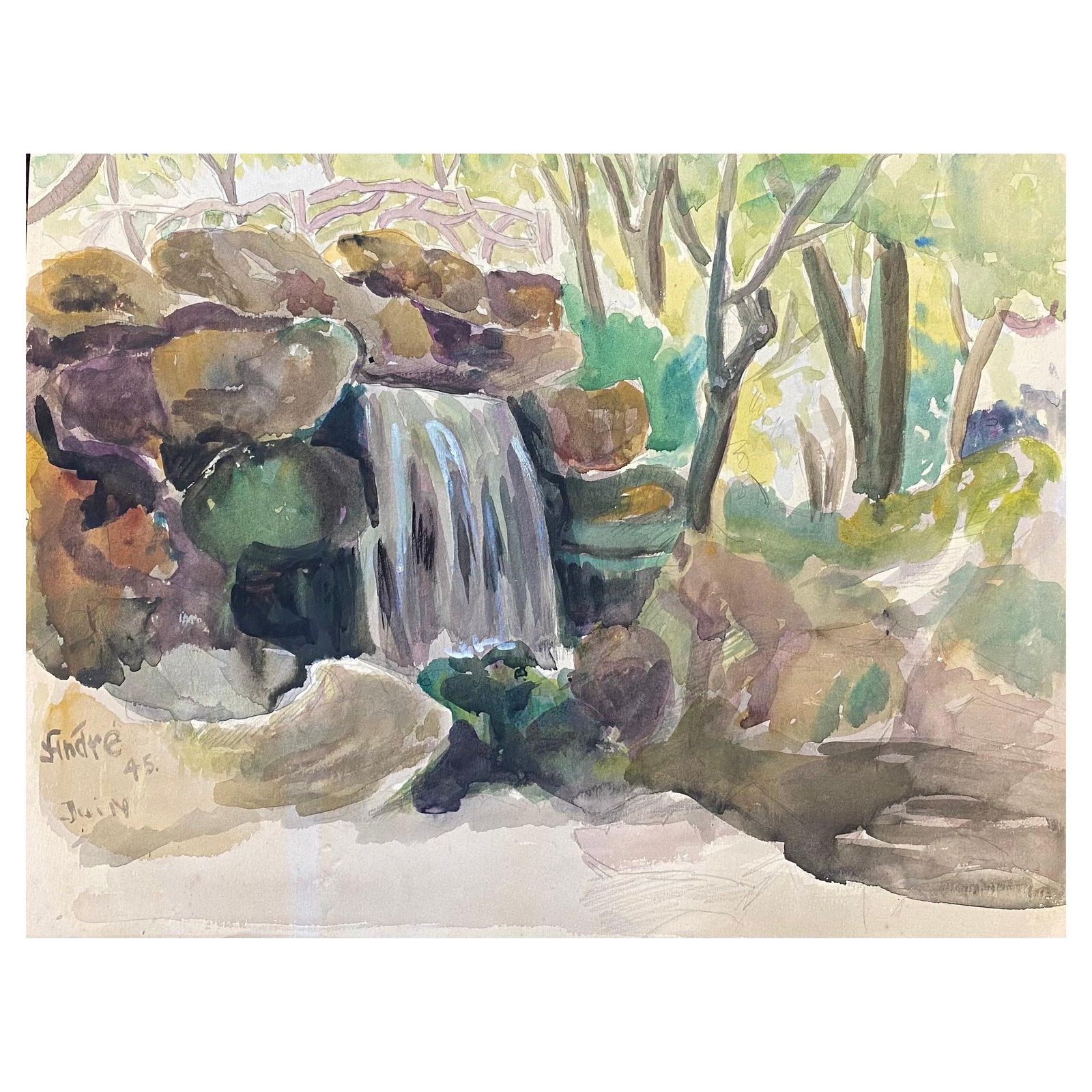 Unknownsigned French Forest Landscape, Beautiful Rock Waterfallmid 20th Century