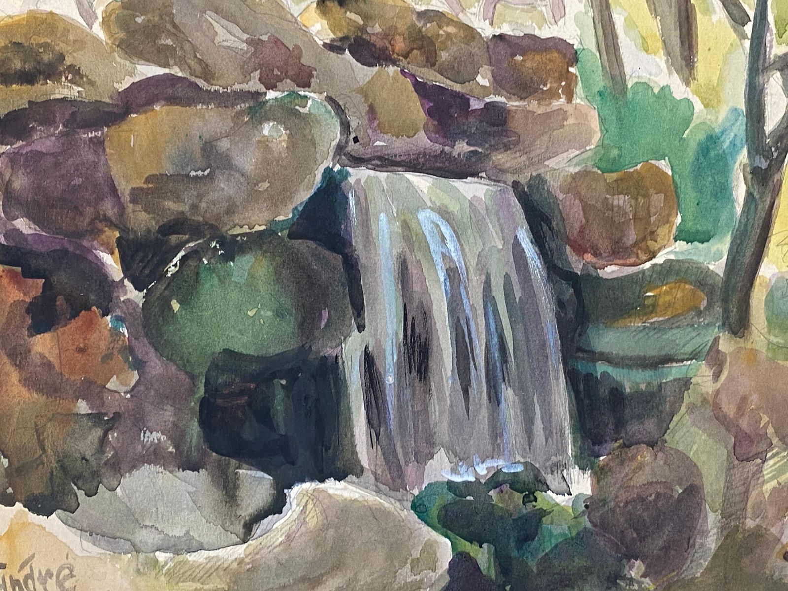 Unknownsigned French Forest Landscape, Beautiful Rock Waterfallmid 20th Century photo furniture