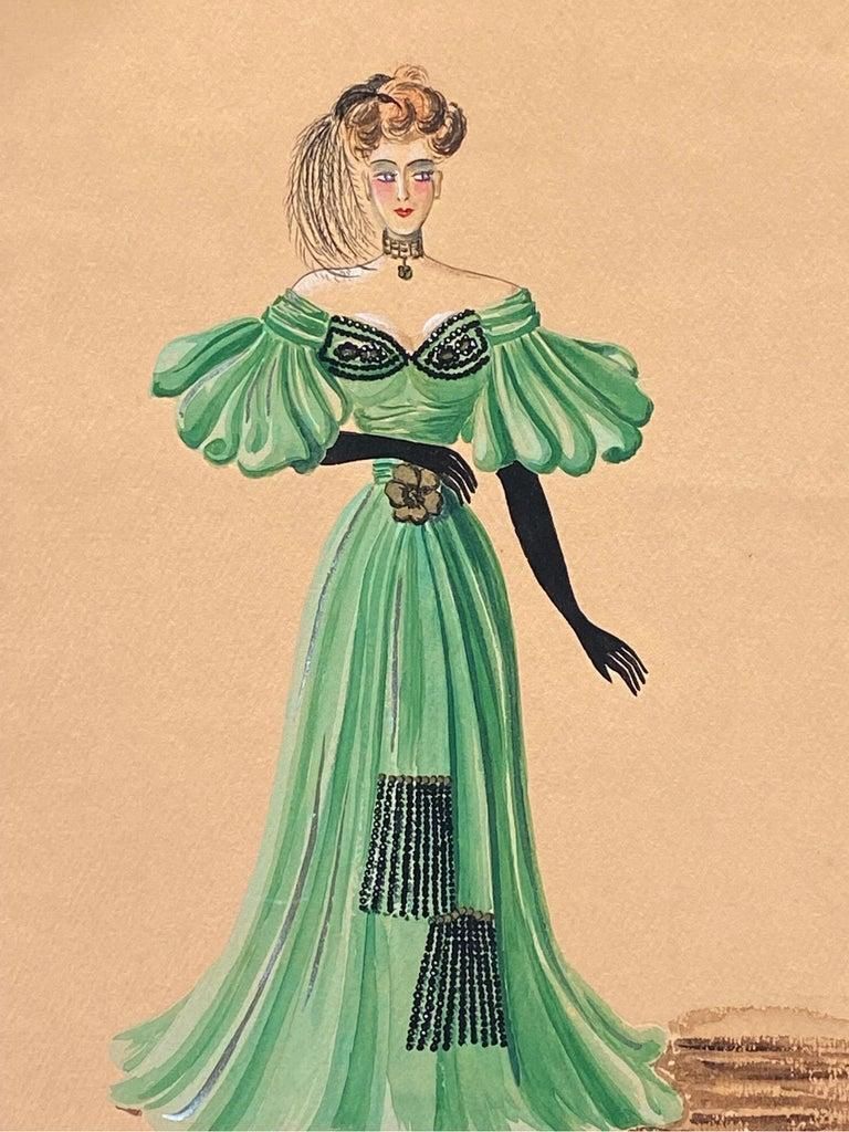Unknown1940's Fashion Illustration   Lady In Dashing Green Ball Dresscirca 1940s photo for sale