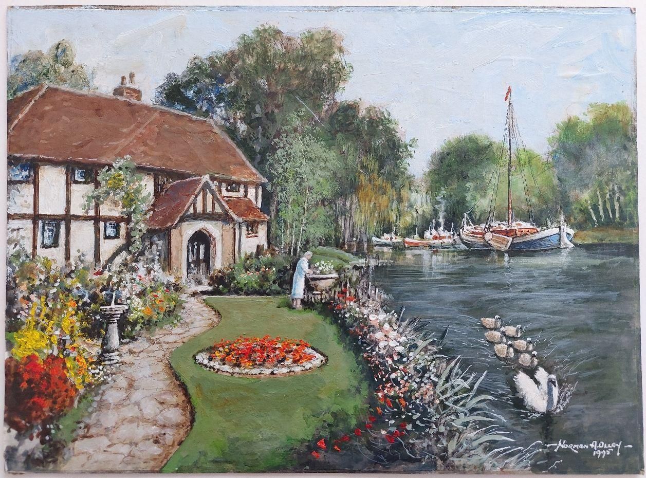 English  Schooltraditional English Painting Cottage By The River Thames Near London20th Century photo furniture