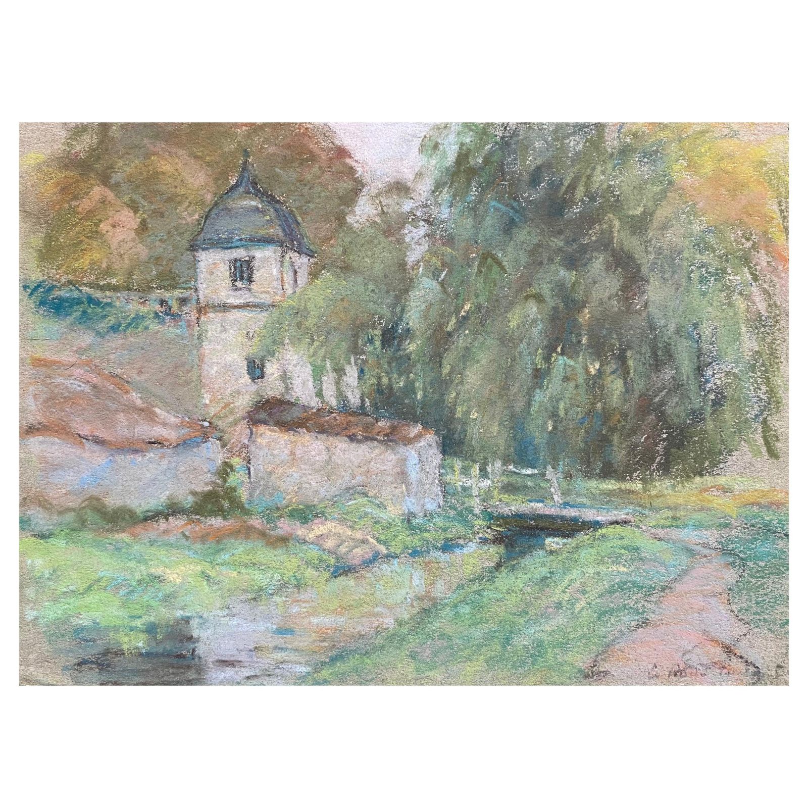 Unknownfine French Impressionist Pastel, Countryside Village Lane River And Treescirca 1947