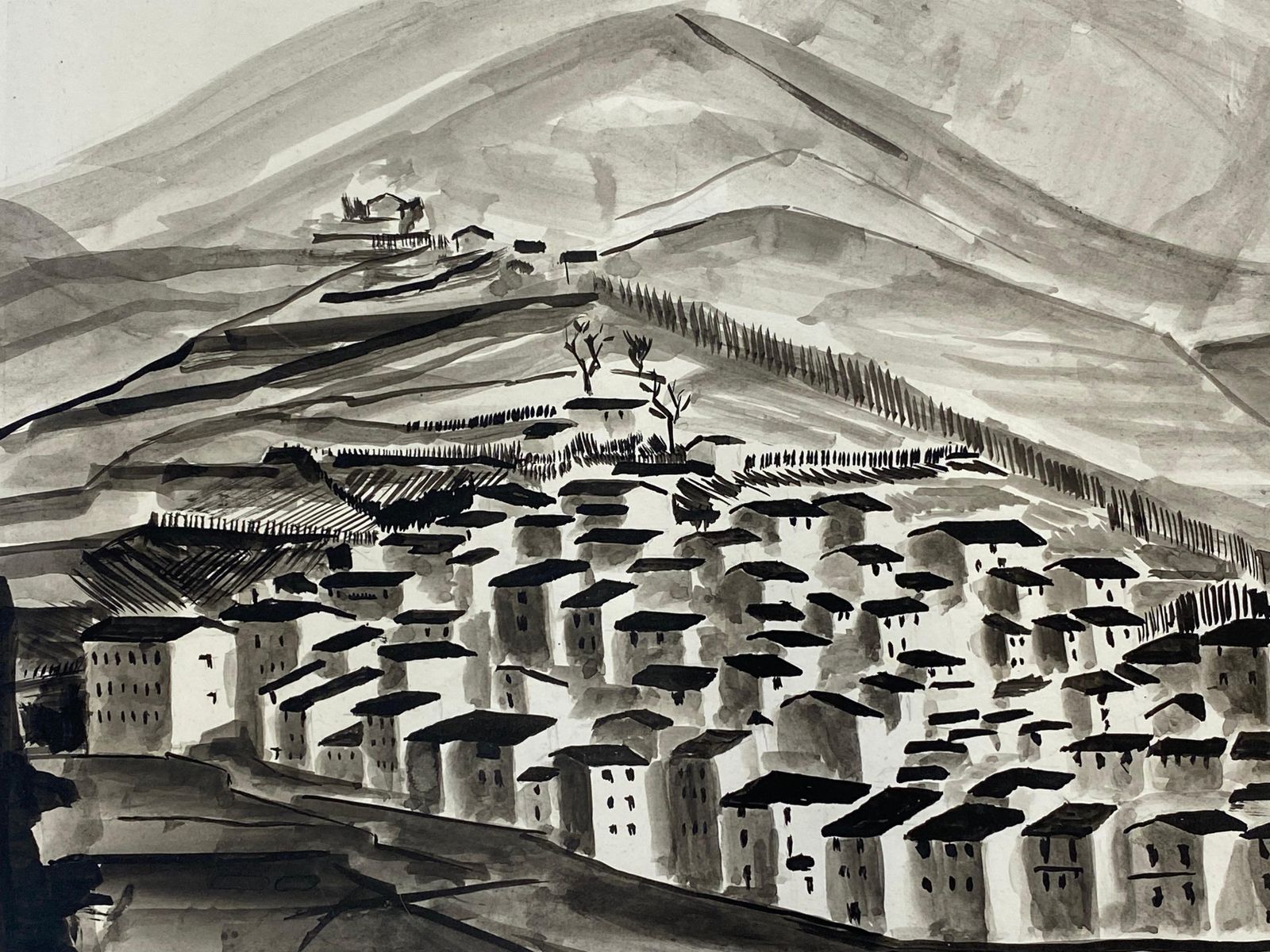 Unknown1950's French Modernist/ Cubist Signed Painting Black & White Village Landscape1950 photo for sale