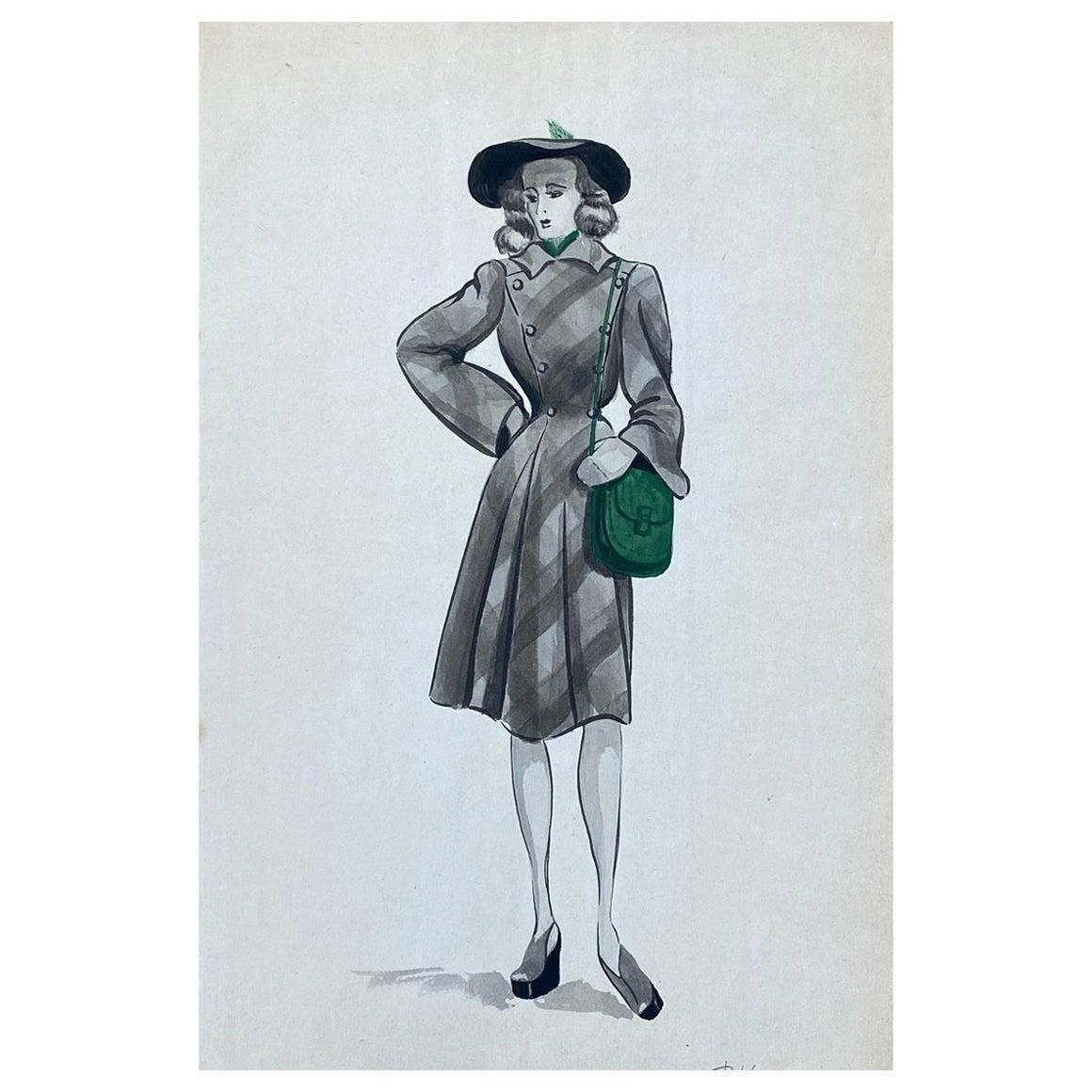 Unknown1940's French Fashion Illustration, The Stylish Lady With The Green Featurescirca 1940s