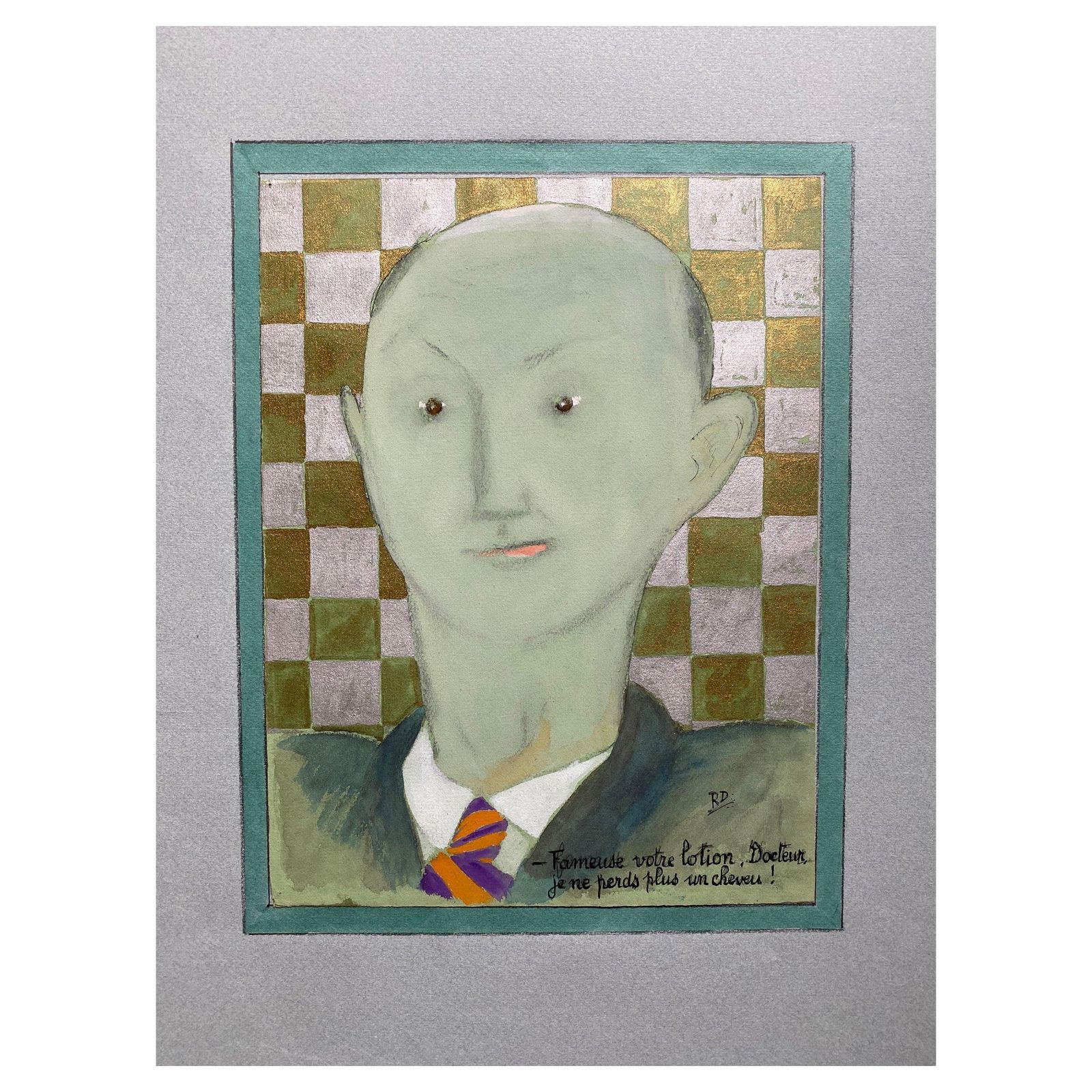 Unknown1960's French Portrait Bald Green Man Caricaturecirca 1960s