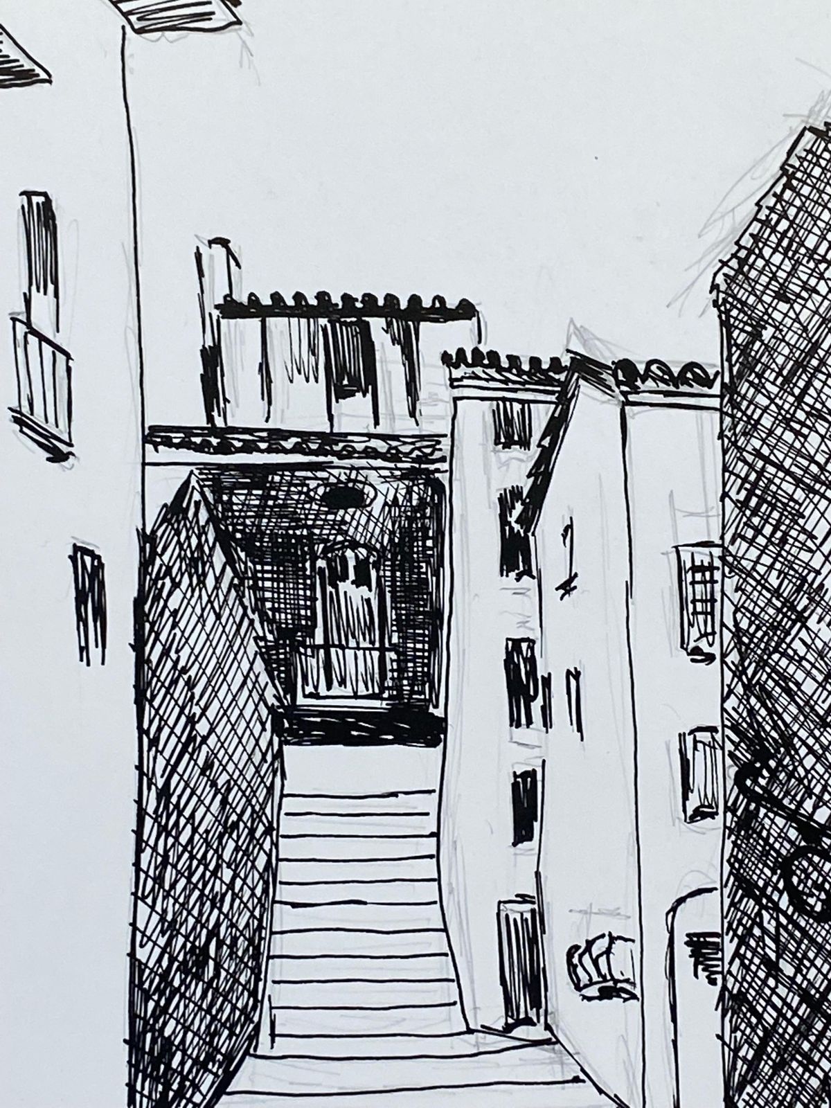 Unknown1950's French Modernist/ Cubist Drawing, Black & White Steps To The French Town1950 photo 194.0