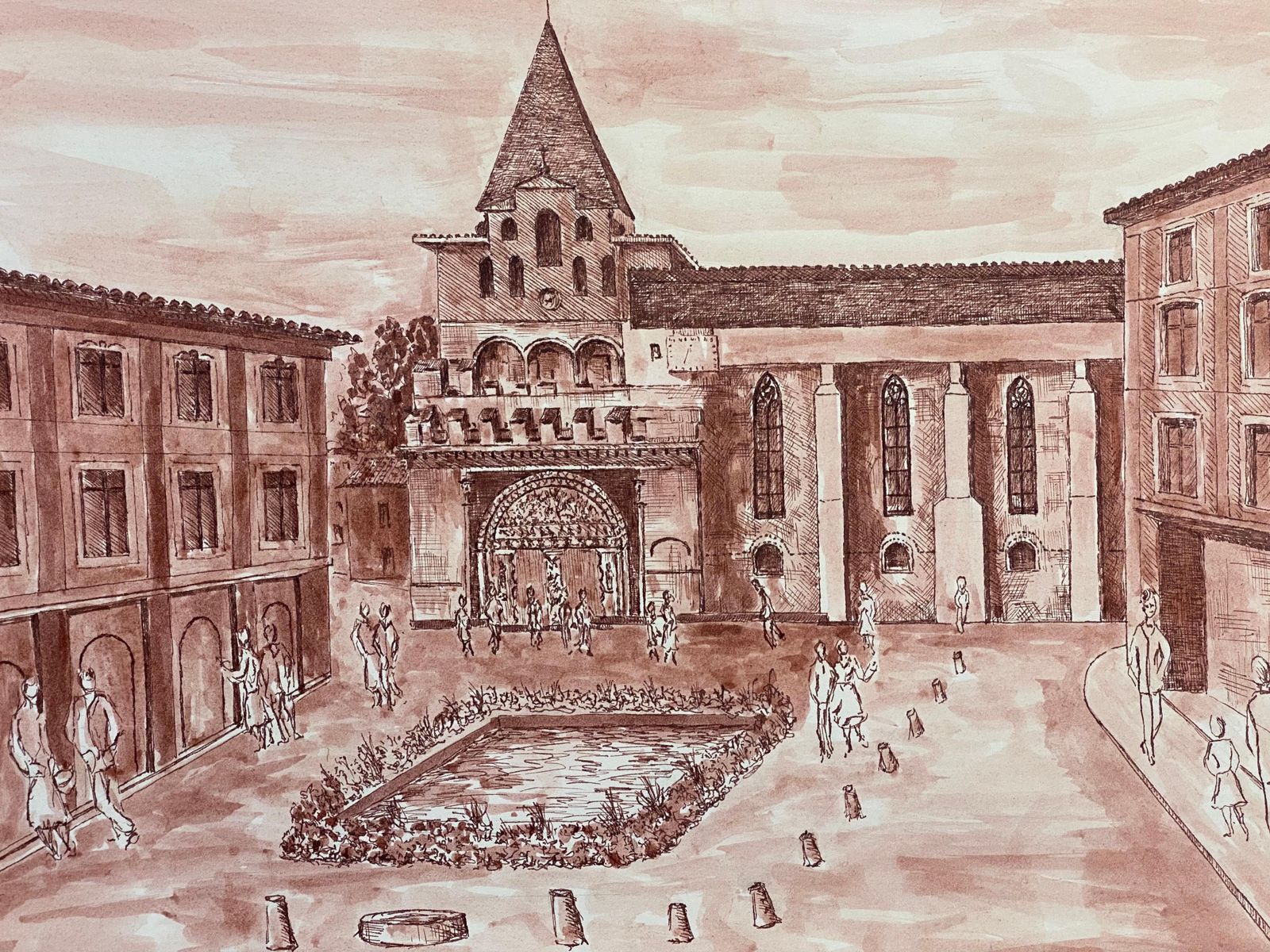 Unknown1950's French Modernist/ Cubist Painting, Busy French Town Square1950s photo furniture