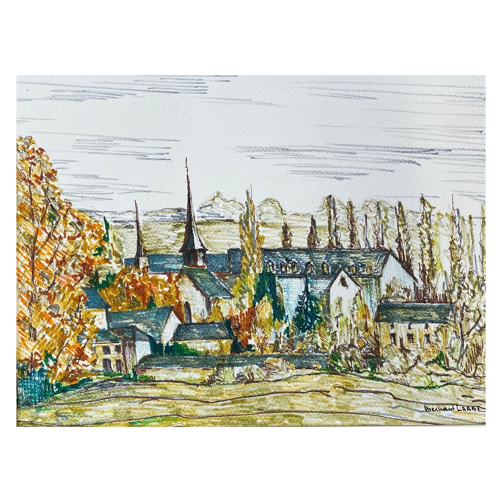 Unknown1950's French Modernist / Cubist Painting Signed, View Of Green French Village1950