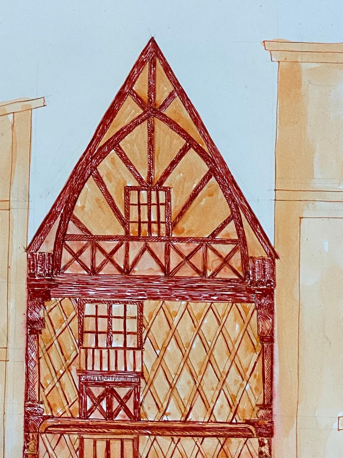 Unknown1950's French Modernist/ Cubist Painting, Orange & Red Tall Building1950 photo furniture