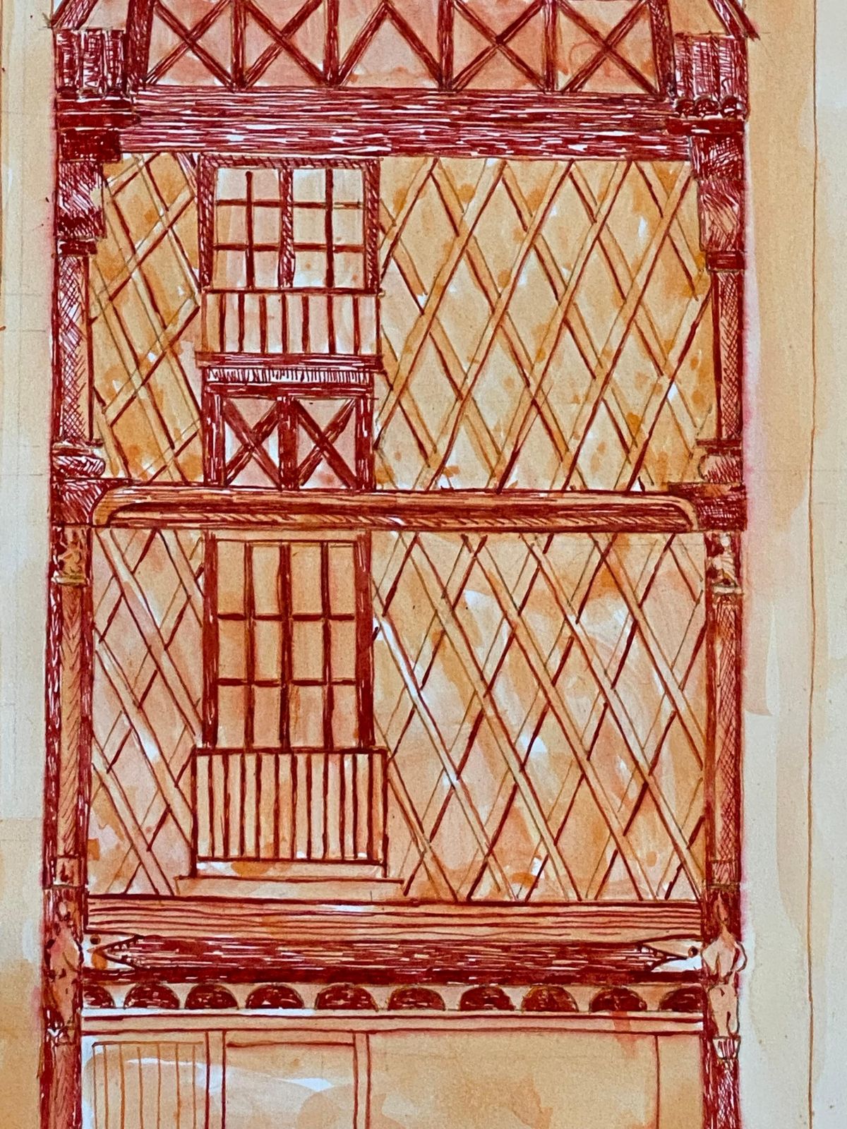 Unknown1950's French Modernist/ Cubist Painting, Orange & Red Tall Building1950 photo for sale