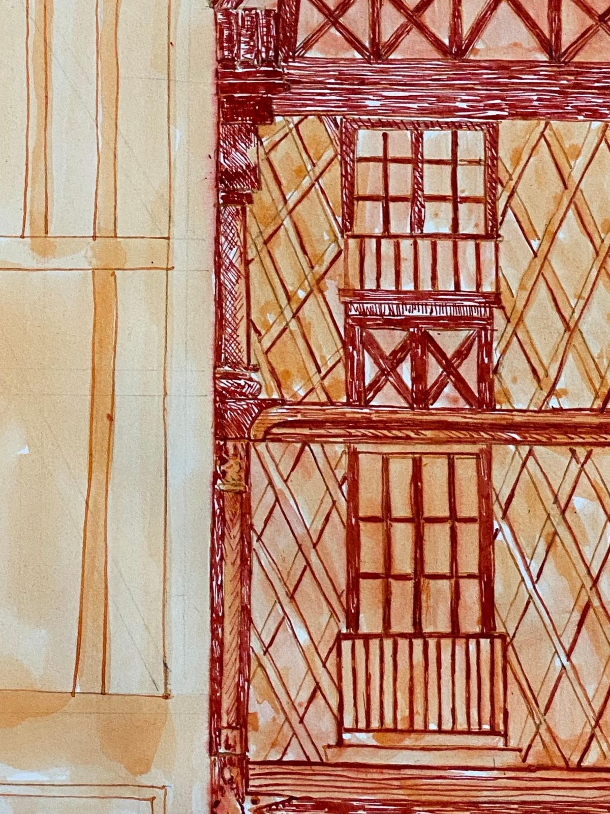 Unknown1950's French Modernist/ Cubist Painting, Orange & Red Tall Building1950 photo vinterior