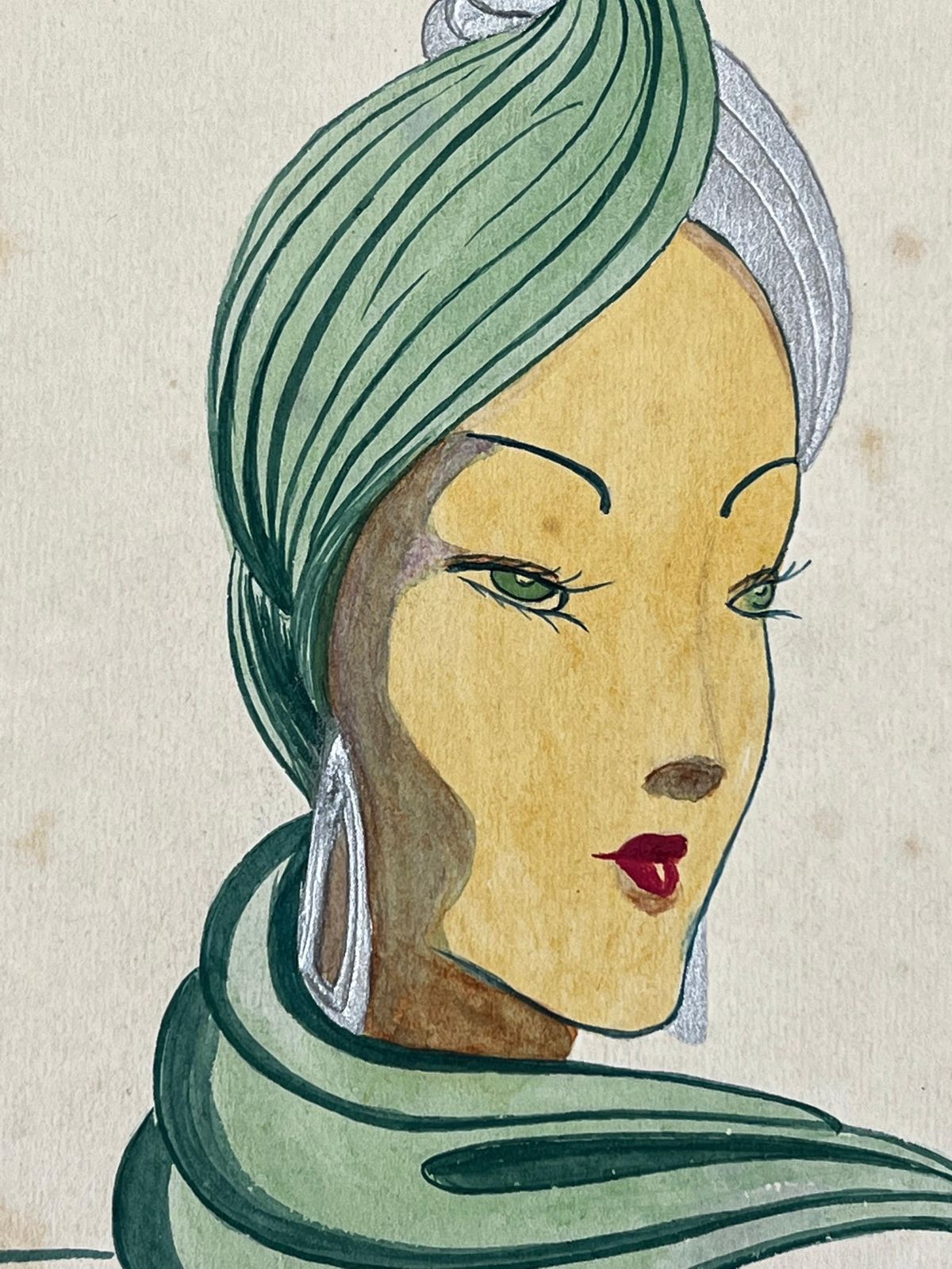 Unknown1940's Fashion Illustration, Lady In Beautiful Green Head Scarfcirca 1940s photo for sale