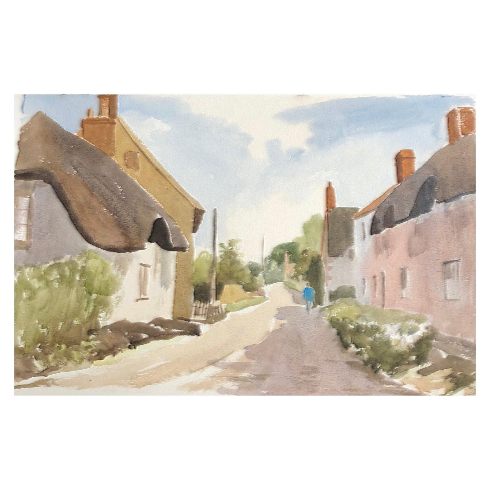 Unknownthatched Cottages Rural Street, Original British Watercolour Paintingcirca 1990